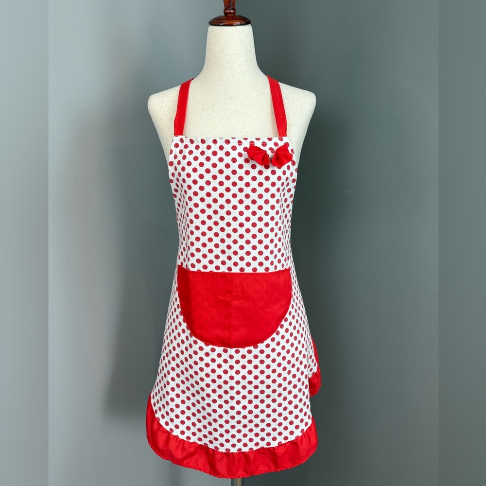 Vintage Handmade Canvas Apron OS White w Red Polka Dots Ruffle Hem Rockabilly